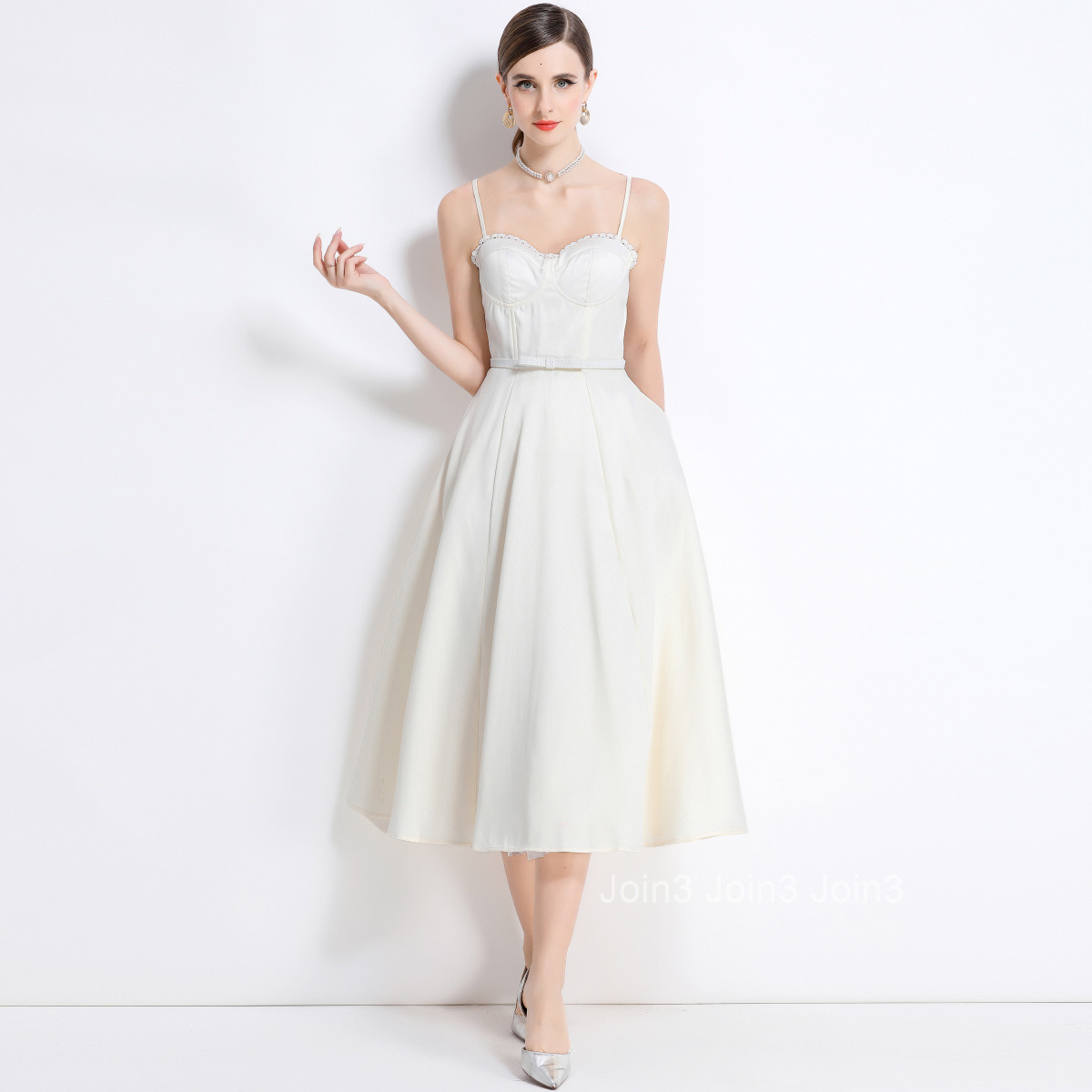 1694 Summer New Fishbone Strap Dress Mesh Large Hem Mid-Length Dress with Chest Pads Underwire and Belt