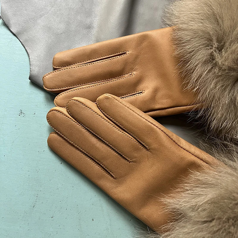Womens Fox Fur Gloves Light Camel Ladies Genuine Leather Gloves Thin Lining Windproof Sheepskin Gloves Velvet Keep Warm 250717