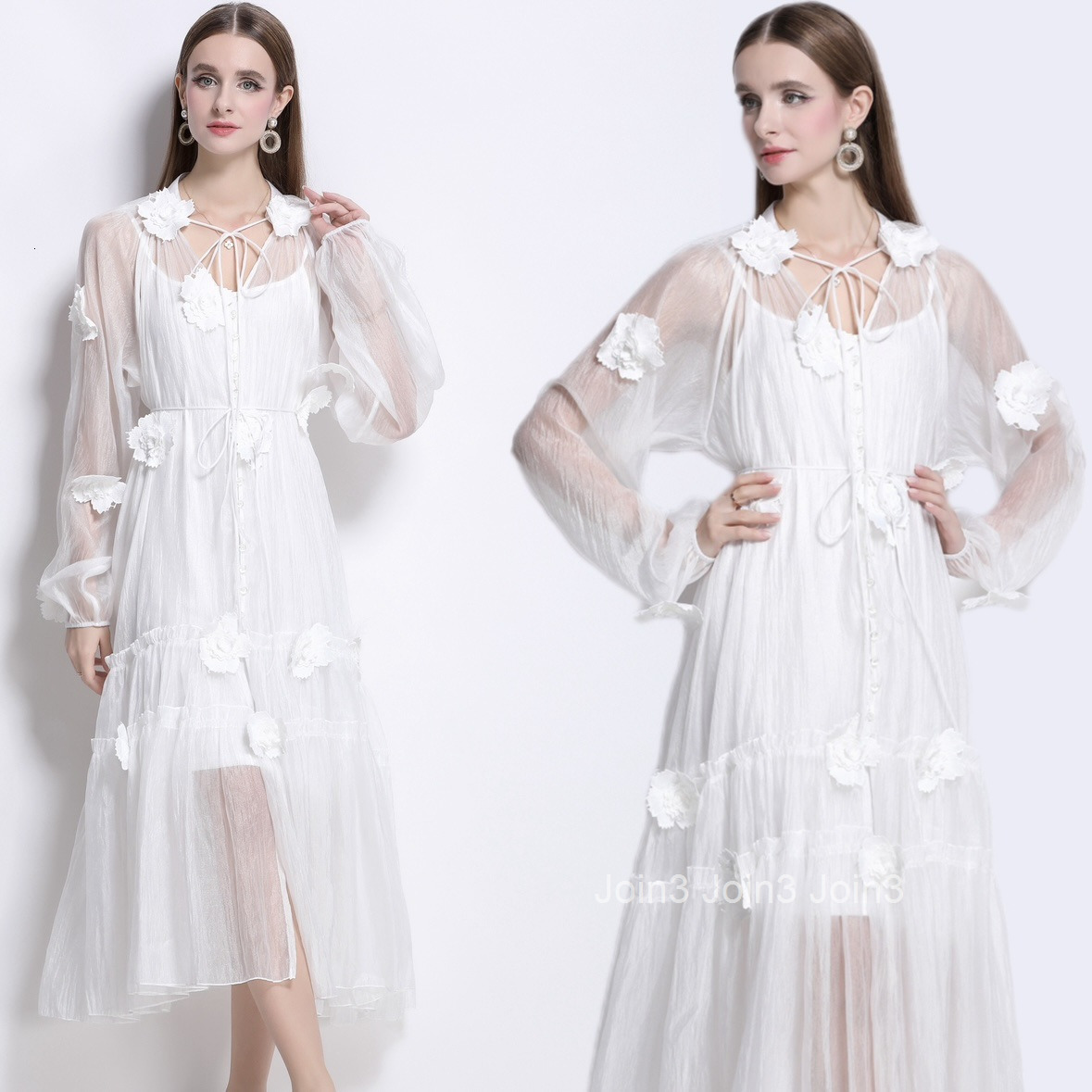 8076 New Elegant Three-Dimensional Flower Embroidery Lace-Up Long Dress Beach Dress with Strap