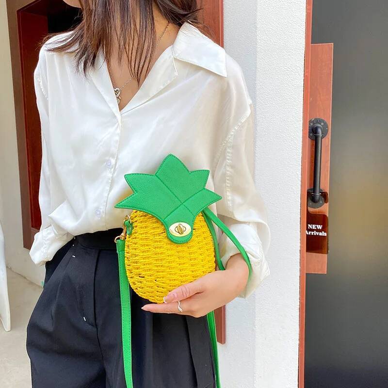 Woven Handbag Newly Cute Fruit Bag Pineapple Package Pure Manual Straw Circular Beach Women Messenger Bags