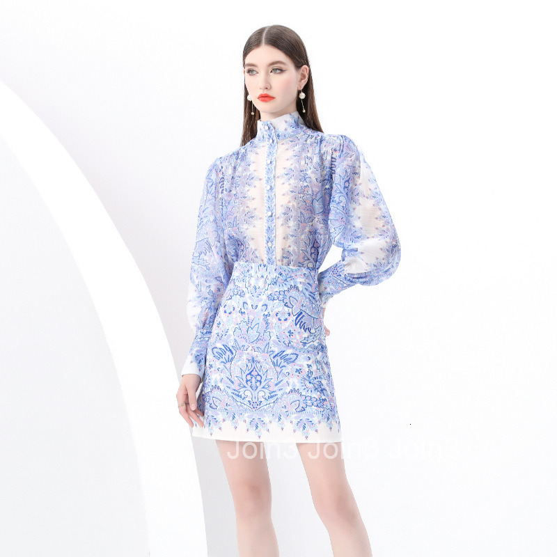 6149 Spring Summer Stand Collar Lantern Sleeve Gathered Lantern Sleeve Shirt + Short Skirt 2-Piece Set
