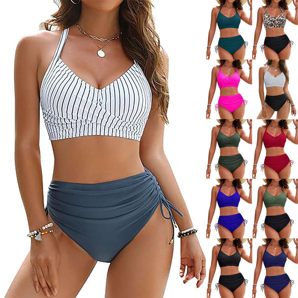 New Style Two-Piece Swimsuit for Women Sexy High-Waist Drawstring Set Bikini Swimwear