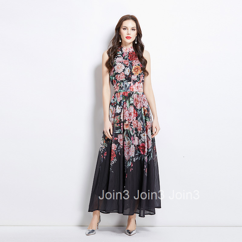 2747 Spring Summer Vacation New Oil Painting Flower Print Halter Neck Long Dress