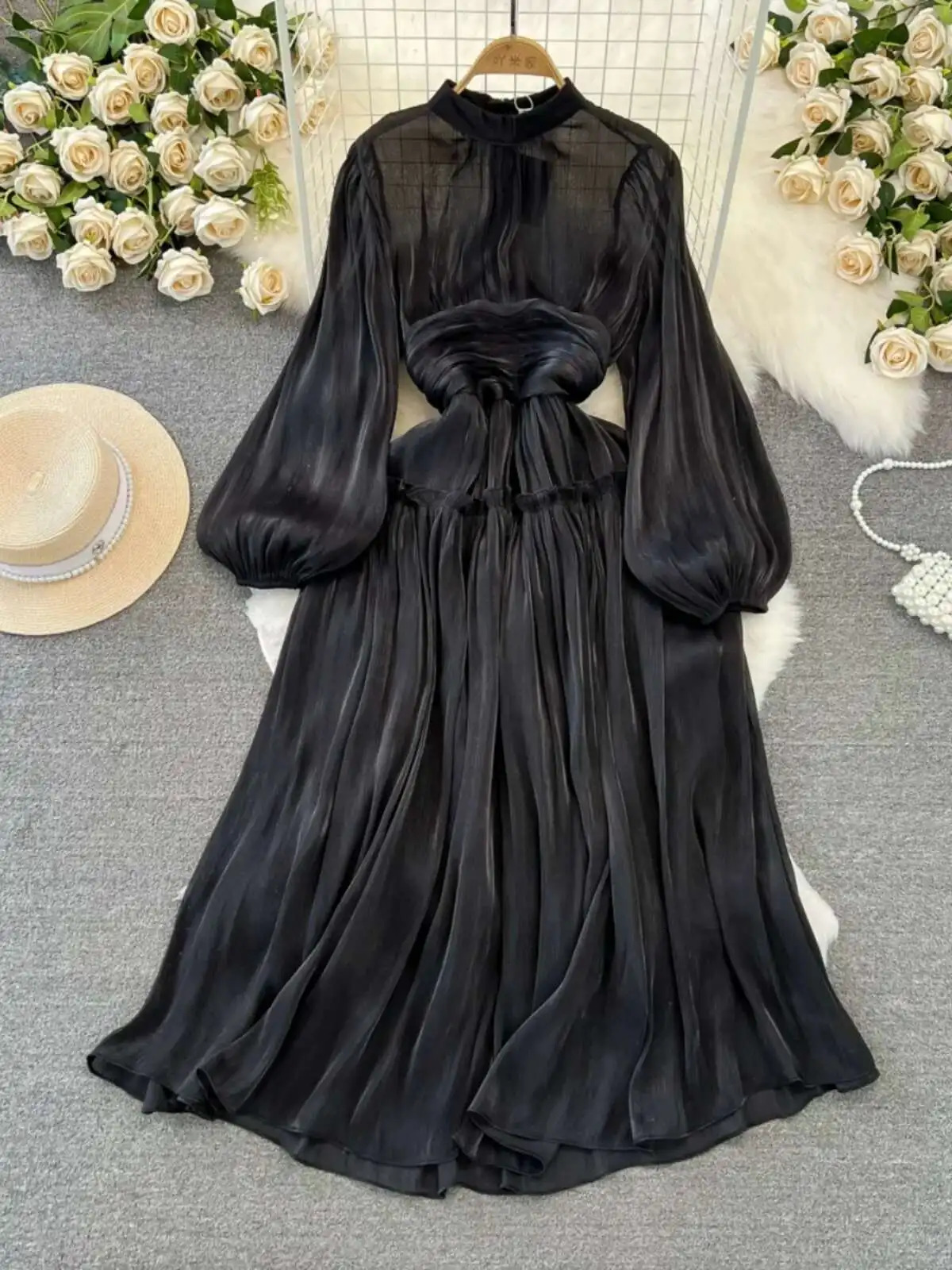 Elegant Long Sleeve Midi Party Dresses Women Summer Autumn Bright Faux Silk Retro Solid Evening Party Vestidos 250715