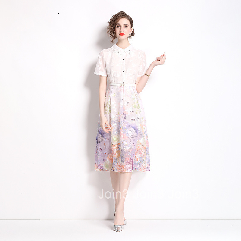 8026 Summer New Womens Fashion Elegant Socialite Purple Printed Short Sleeve Slim Fit Mid-Length Dress