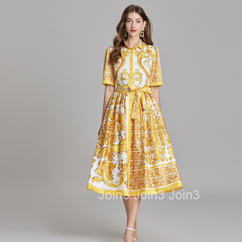 632 Summer New Product Positioning Printed Collar Strap Waist Shirt Dress Large Swing A-line Skirt