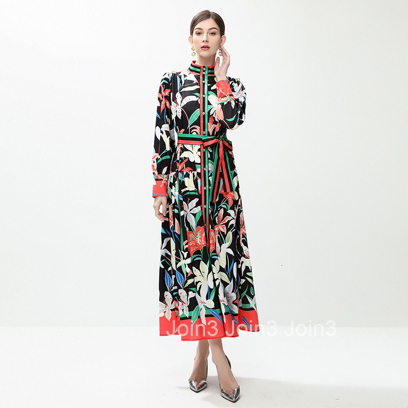 6091 Fashion Elegance Style Stand Collar Single-Breasted Printed Dress