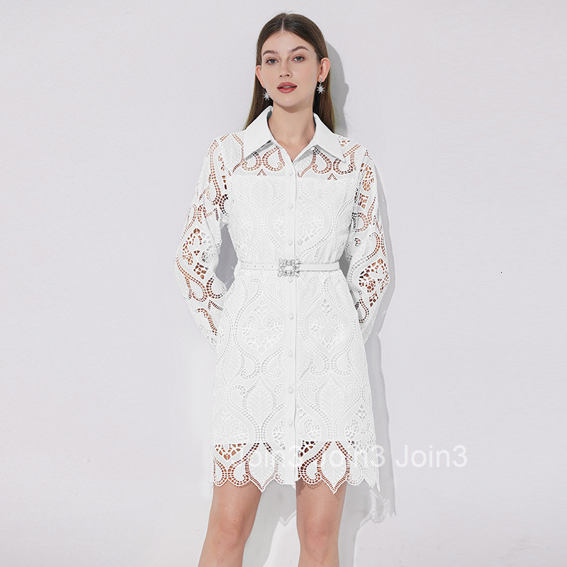 6605 Embroidered Hollow Out Collar Waist Belt Dress with Mesh Lace Skirt