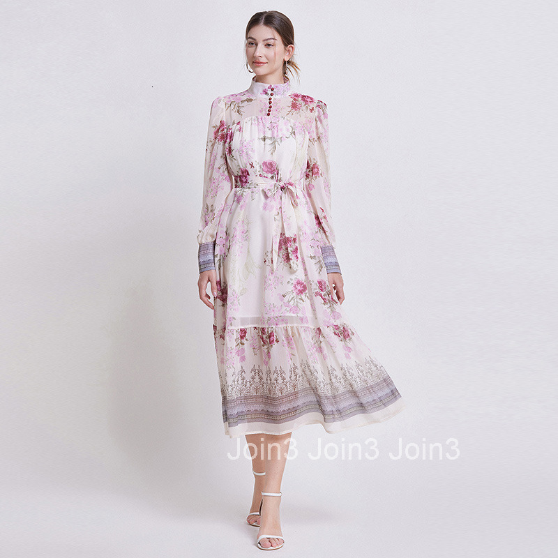 6602 Spring/Summer New Womens Fashion Style Printed Long Sleeve Chiffon Dress with Waist cinching and slimming Long Skirt