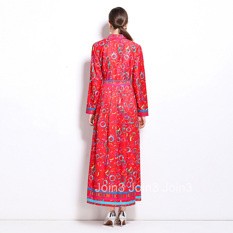 9892 autumn new womens clothing fashionable temperament waist cinching and slimming printed long sleeved long skirt dress