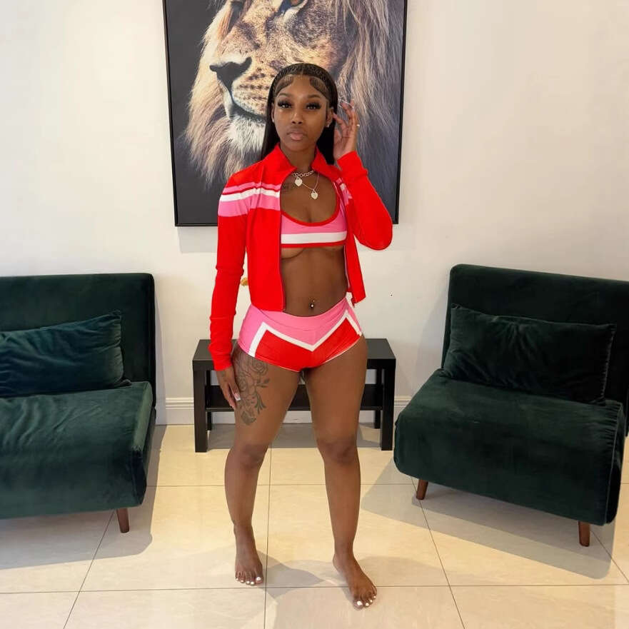 European and American Cross-Border Sexy Hot Girl Color Block Bikini Shorts Top Three-Piece Set