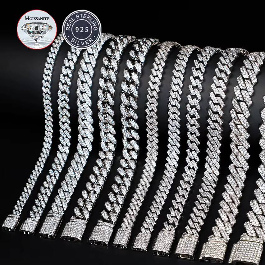 6mm-20mm Pass Diamond Tester 925 Sterling Silver Full Vvs Moissanite Iced Out Cuban Link Anklet Bangle Bracelet for Men Women