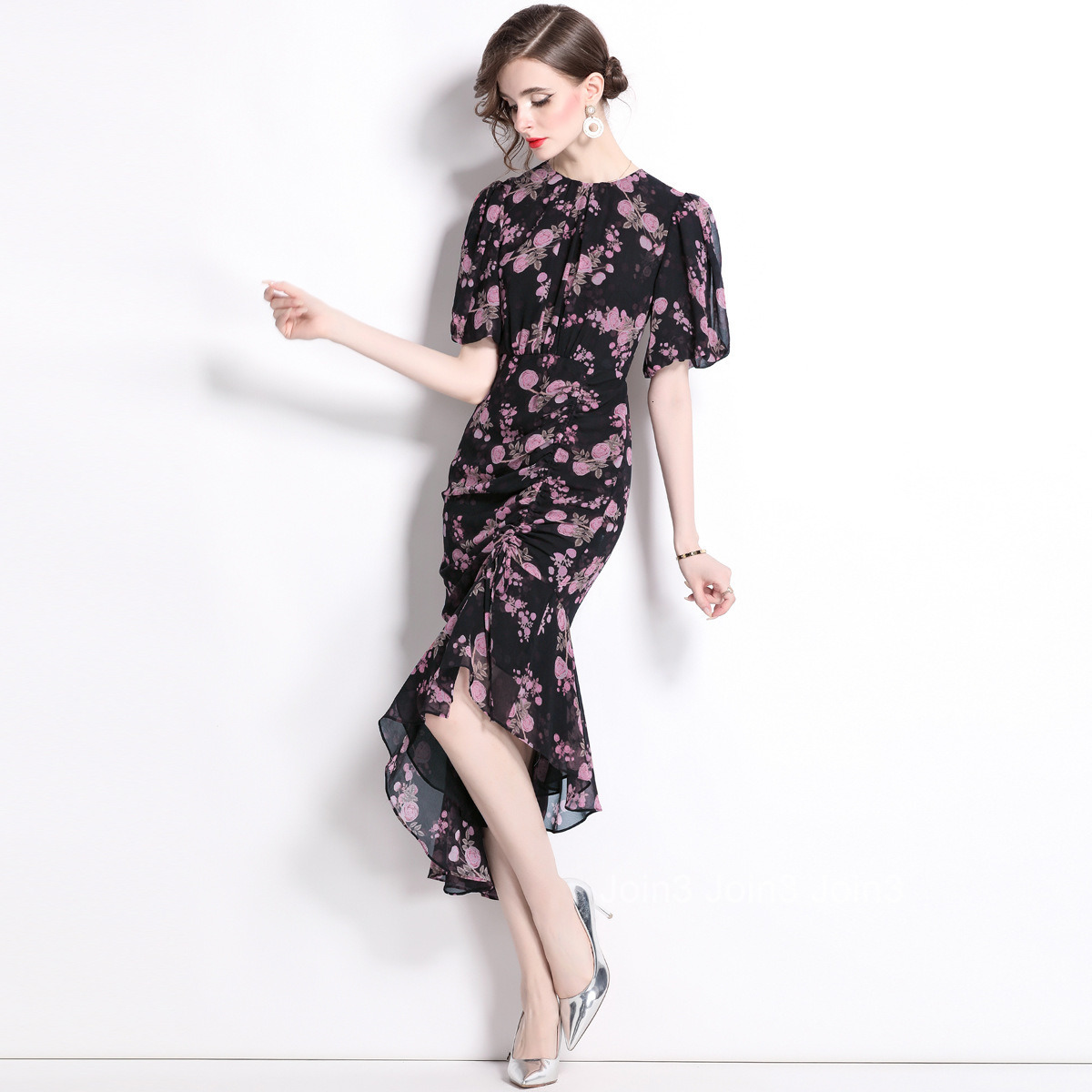 5835 Summer New Womens Fashion Elegant Mermaid Hem Floral Dress Lantern Sleeve Ruched Long Dress