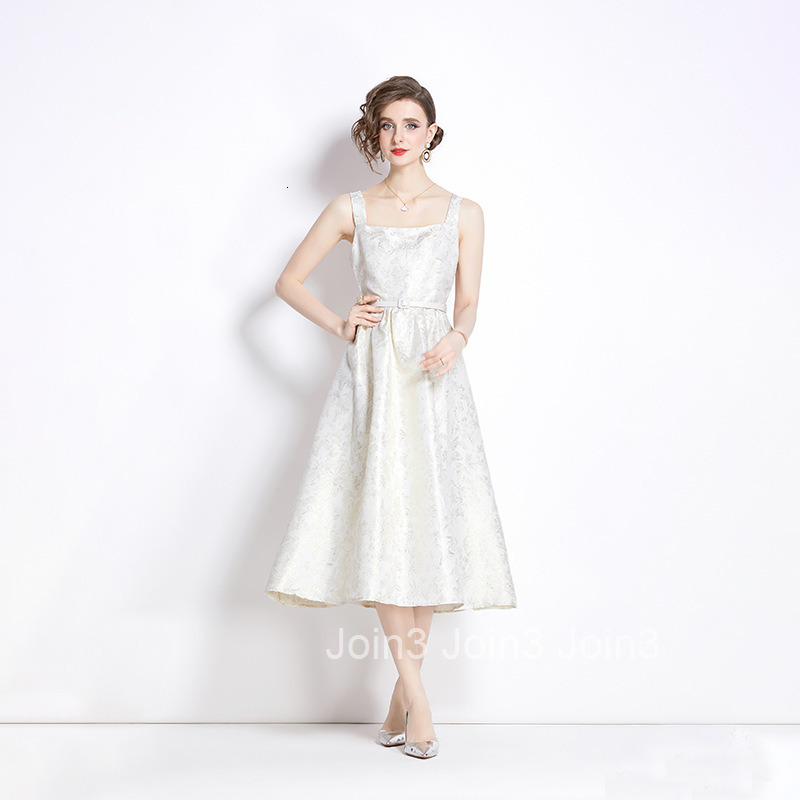 6899 Summer New Womens Jacquard Waist-Cinching Strap Puff Dress Elegant Gown Dress
