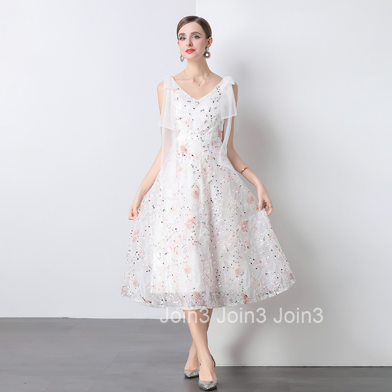 7127 Crystal Sequin Embroidered Fairy Dress Summer Collar High Waist Slim Long Dress