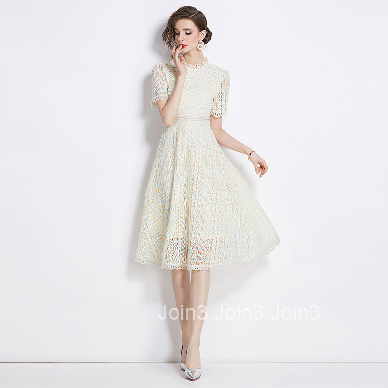 530 Summer New Womens Fashionable Short Sleeve Waist-Cinching Hollow Out Water-Soluble Lace Mid-Length Dress