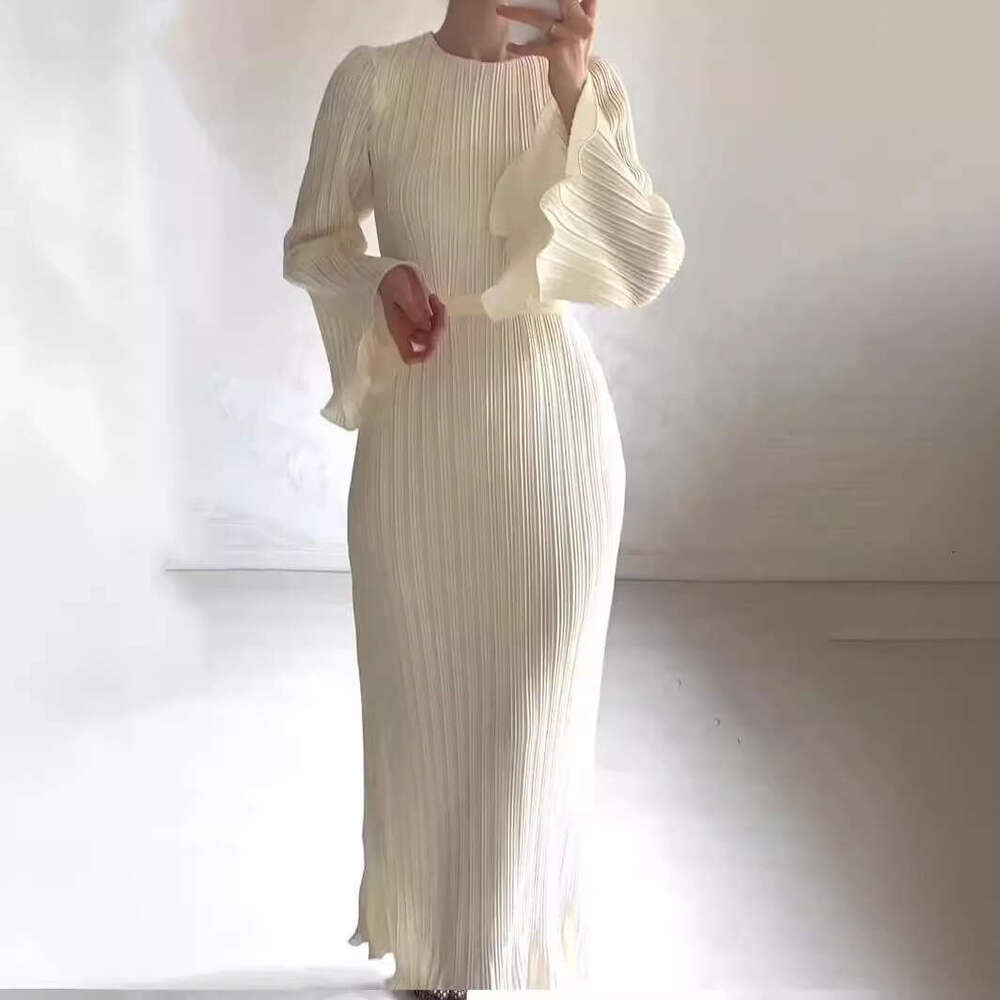 European and American Design Women's Fashion Autumn New Long Elegant Pleated Flared Sleeve Mid-Length Dress