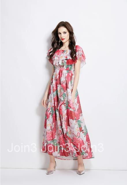 2695 Spring Summer New Ruffle Off-Shoulder Waist-Cinching Flared Beach Dress with Slit Chiffon Dress