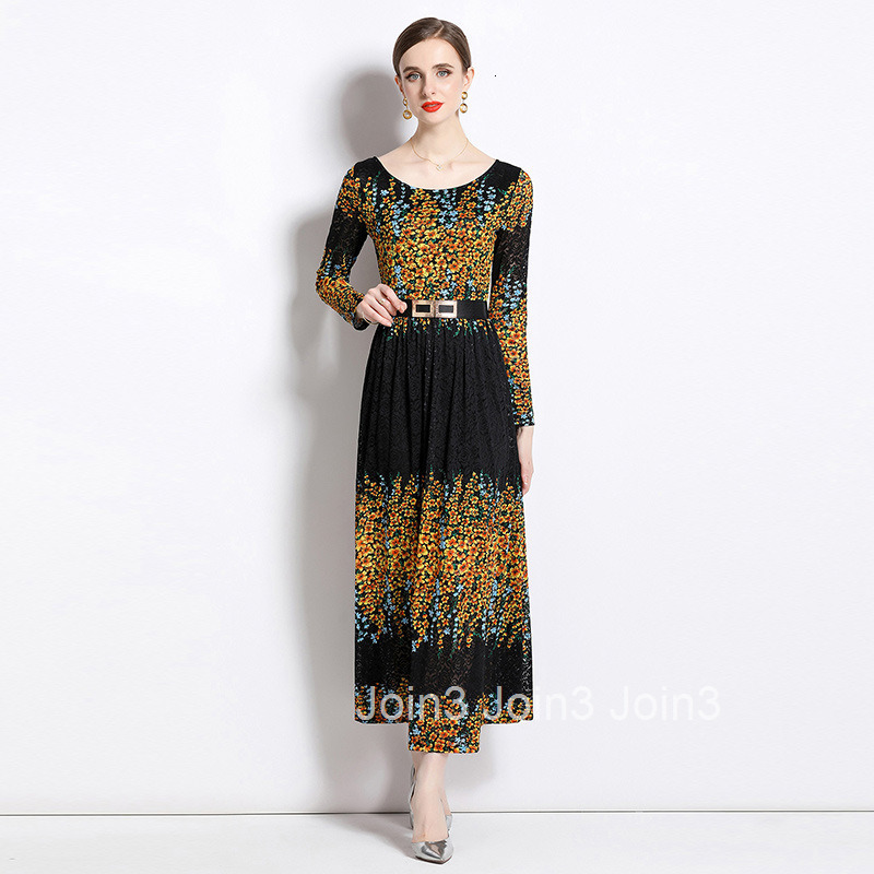 557 Autumn Winter New Womens Fashion Elegant Printed Long Sleeve Lace Flared Long Dress