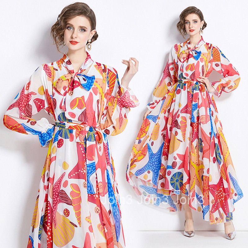 9357 Spring and Autumn New Womens Fashion Elegant Chiffon Printed Long Sleeve Slim Fit Flared Long Dress
