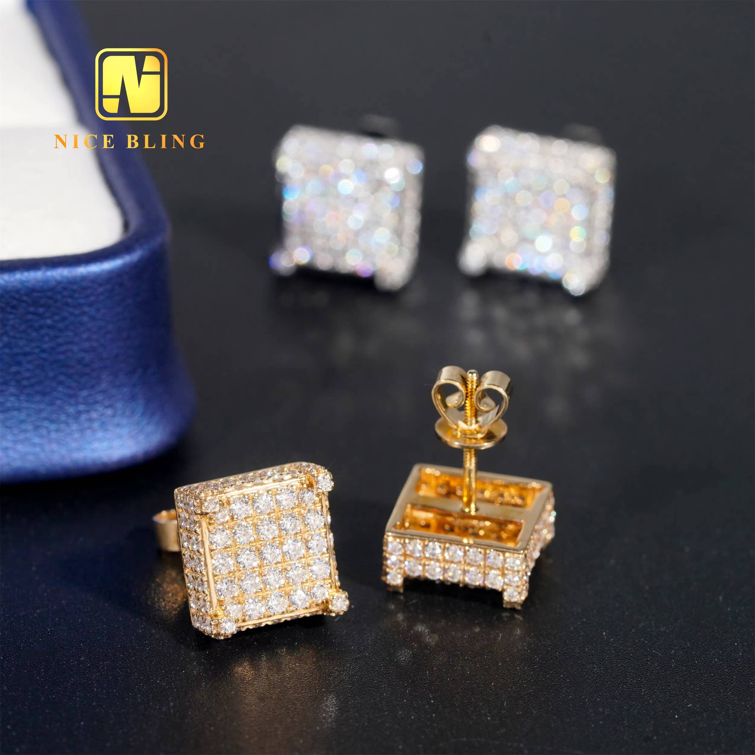 Full Iced Out Lab Diamonds Ear Studs 10K Solid Gold Jewelry Earrings Square Shape Shining Moissanite Earrings for Men Women