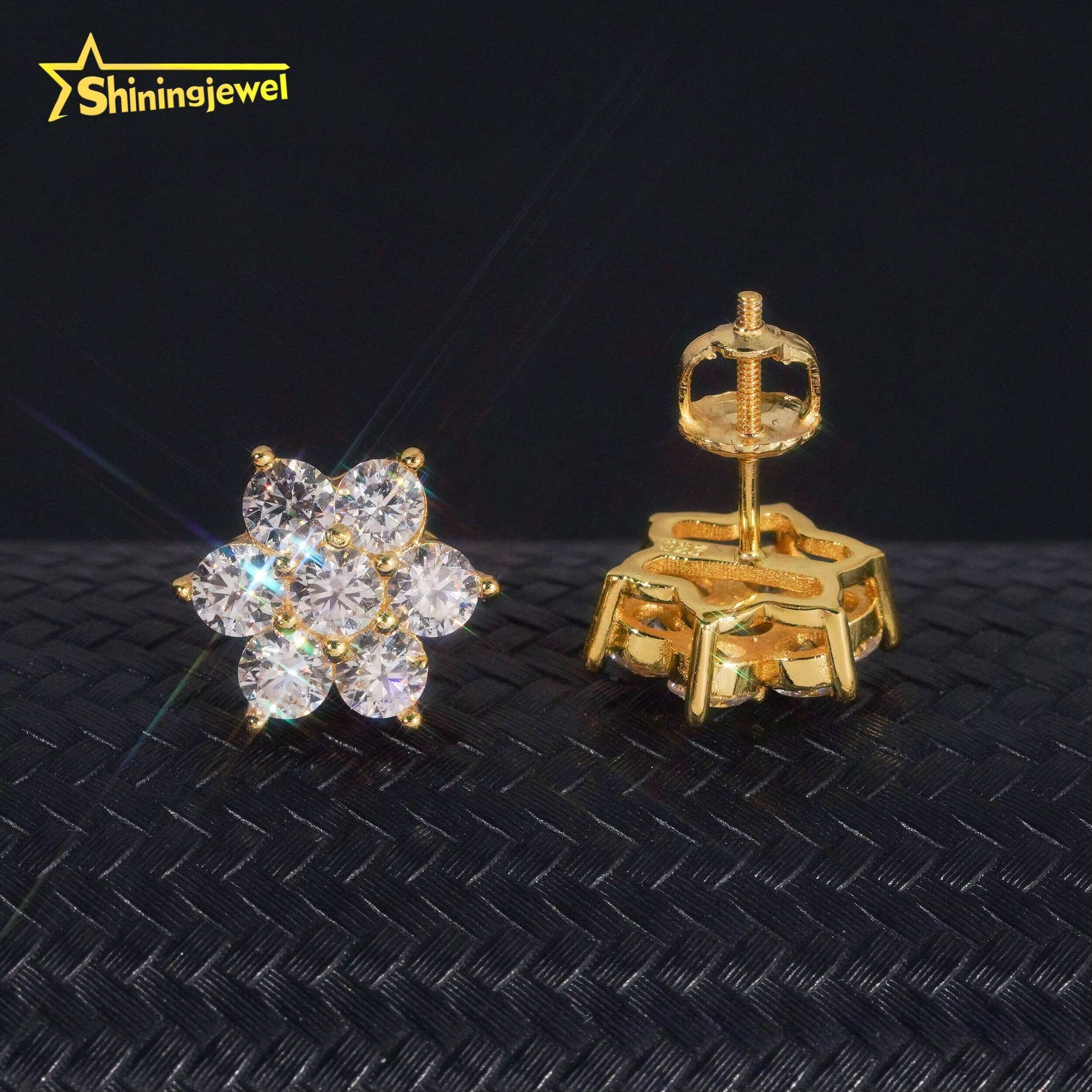 Hip Hop Mens Screw Back Cluster Snowflake 925 Sterling Silver Gold Plated Moissainte Stud Earrings