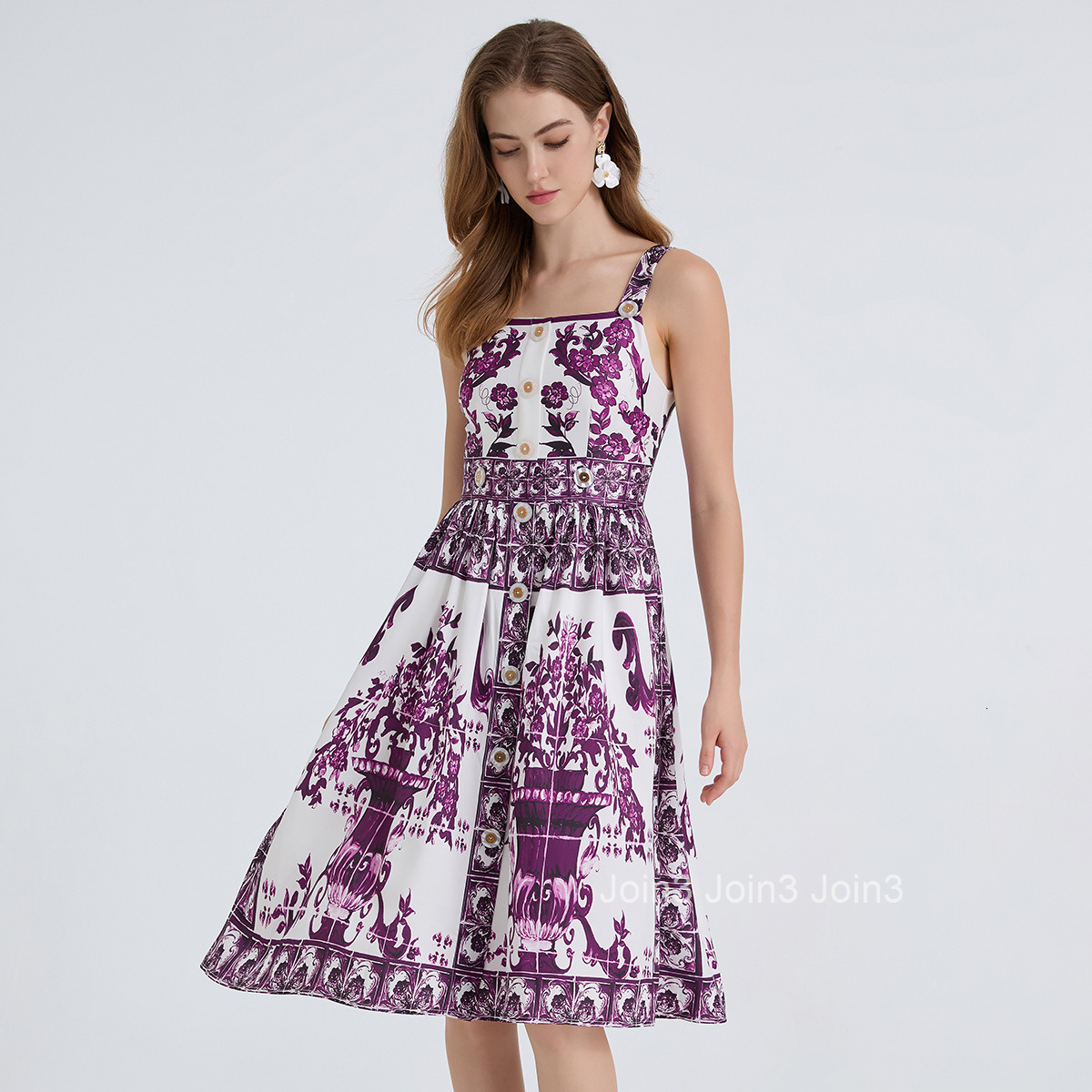 847 Summer New Womens Printed Strap Dress High Waist Slim Button A-line Dress