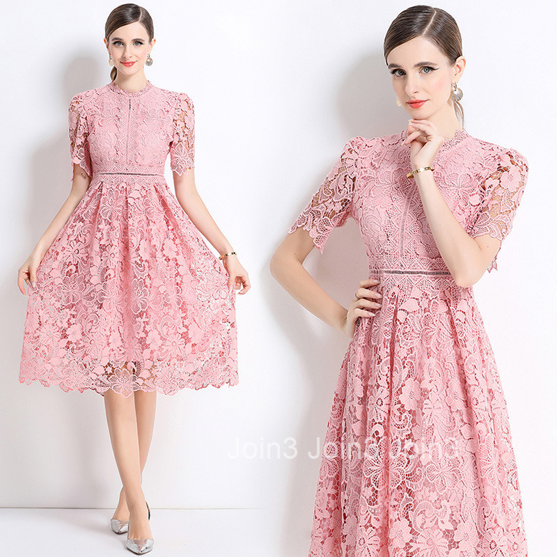 715 Short Sleeve Slimming Hollow Out Water-Soluble Lace Positioning Mid-Length Dress
