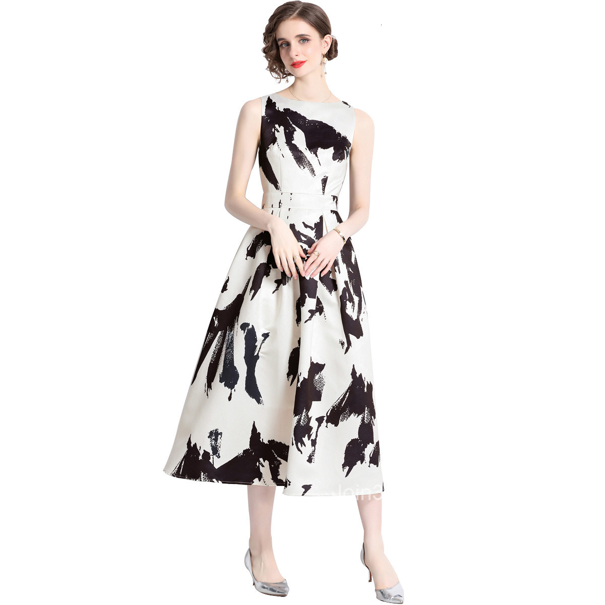 9068 Summer New Ink Art Print Round Neck Sleeveless High Waist A-Line Korean Style Slimming Dress Womens Umbrella Skirt