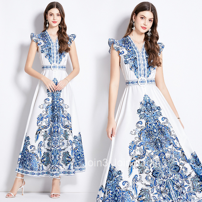 2518 Spring Summer New Womens Ethnic Style Elegant Printed Small Flutter Sleeve Flared Long Dress