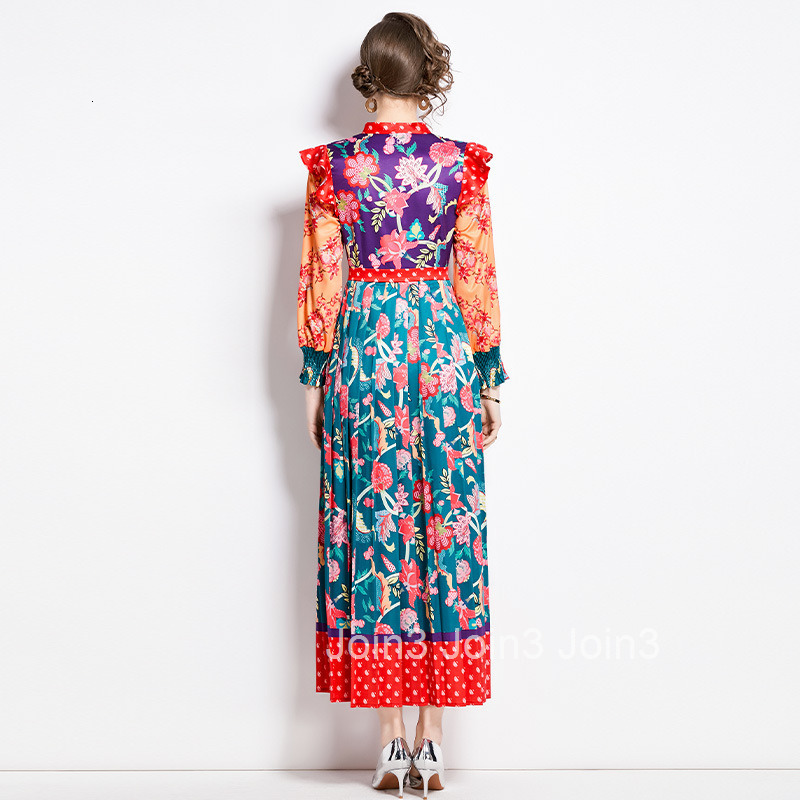 2480 Spring and Autumn New Womens Ethnic Style Elegant Printed Tie Long Sleeve Flared Long Dress