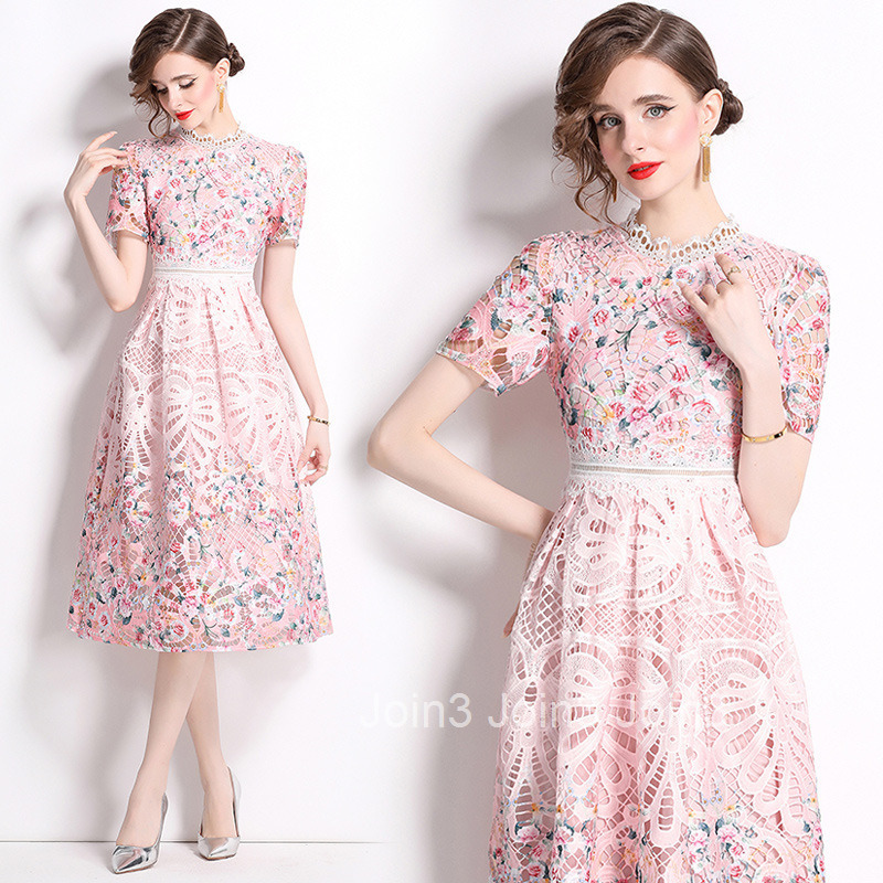 541 Summer New Womens Dress with Fashionable and Skinny Look Hollow out Water soluble Lace Printed Medium to Long Length Dress