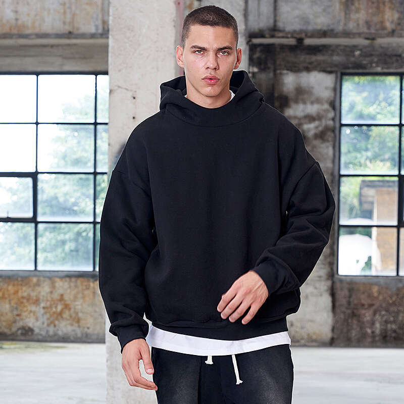 Autumn Winter New Short Wide Trendy Hoodie High-Quality Loose Solid Color Fleece Drop Shoulder Men's Pullover Sweatshirt