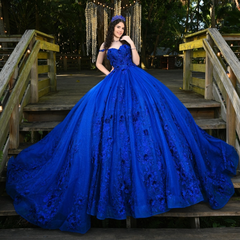 Royal Blue Shiny Quinceanera Dresses Ball Gown Off The Shoulder Applique Flower Beading Tull Party Birthday Sweet 16 Dress Vestidos 15 Anos