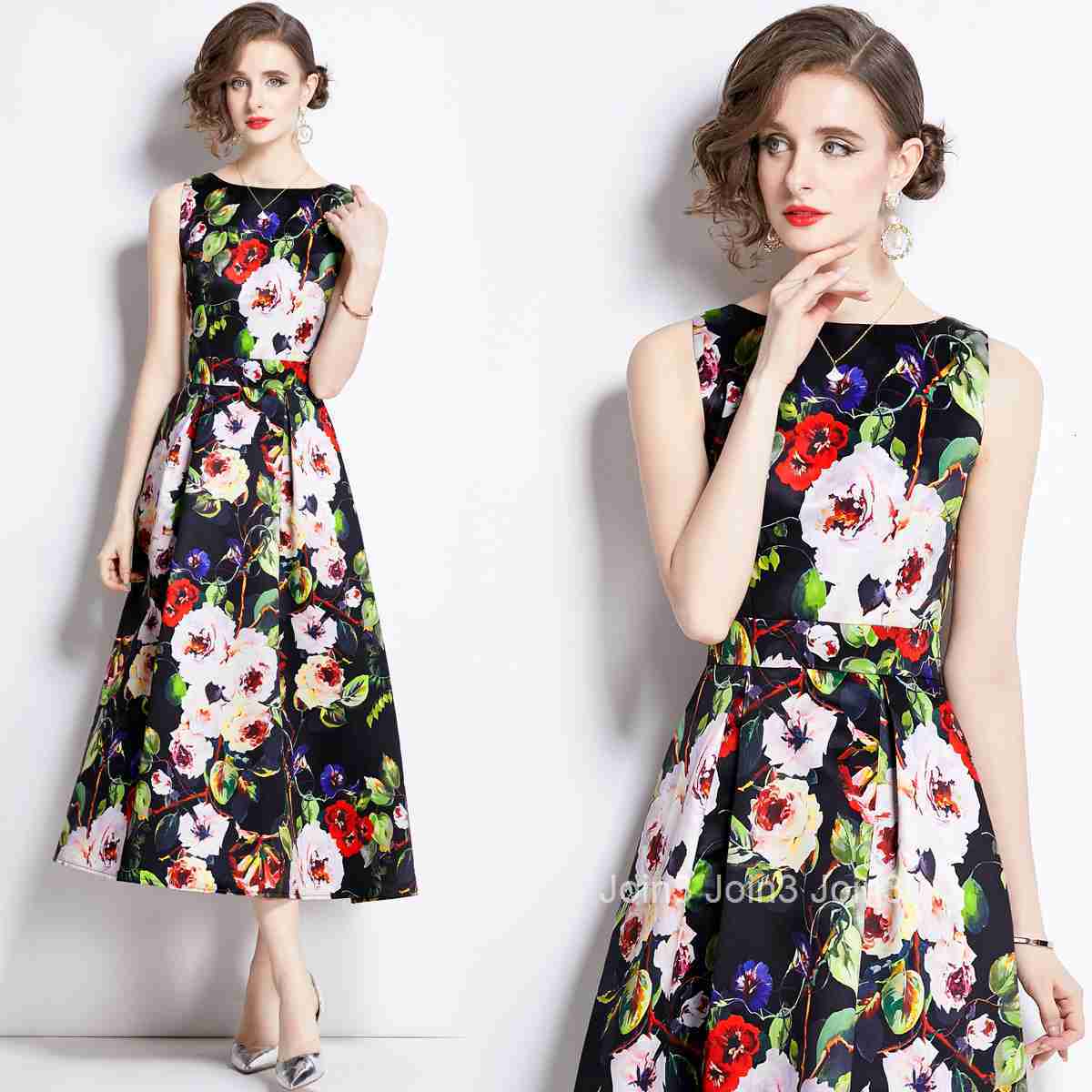 891 Summer New Womens Printed Sleeveless High Waist Dress Slim Waist Flared Long Dress