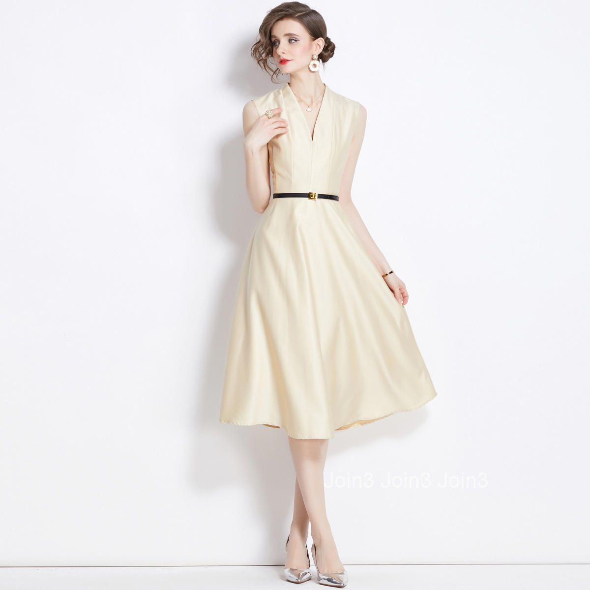 5801 Summer Dress for Women High Waist Slim Fit Sleeveless Tie Collar Mid-Length Dress