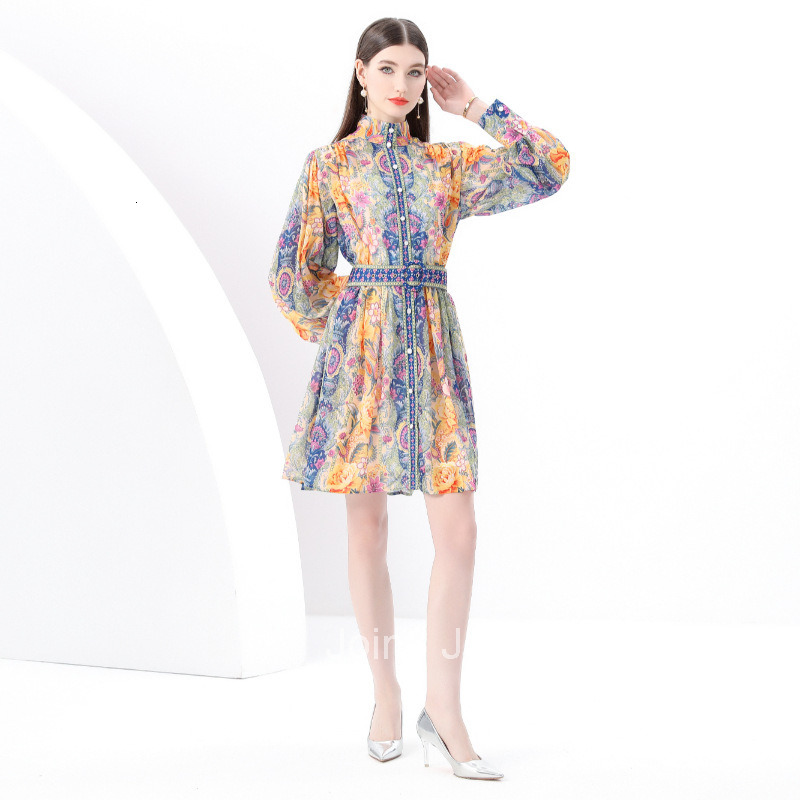 6161 Early Spring New Womens Fashion Stand up Collar Lantern Sleeve Short Skirt Printed Dress Two Piece Set