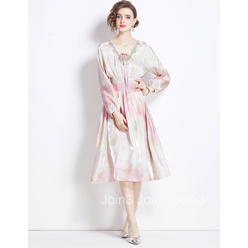 8007 Spring New Womens Fashionable Gradient Diamond Collar Lantern Sleeve V-neck Mid-length Dress