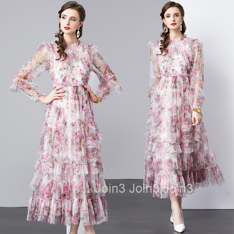 895 Autumn New Womens Fashion Purple Red Flower Printing Elegant Temperament Cake Long Dress