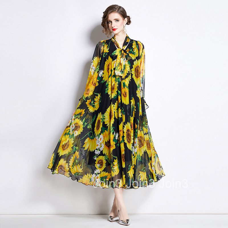 9329 Spring Summer New Womens Fashionable Chiffon Printed Long Sleeve Flared Long Dress