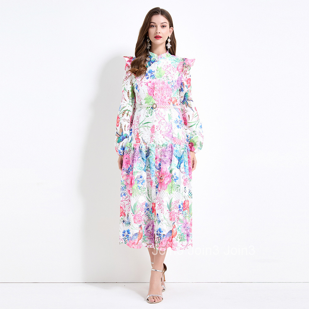 2148 Spring New Womens Stand Collar Floral Print Water-Soluble Long Waist-Cinching Lace Dress