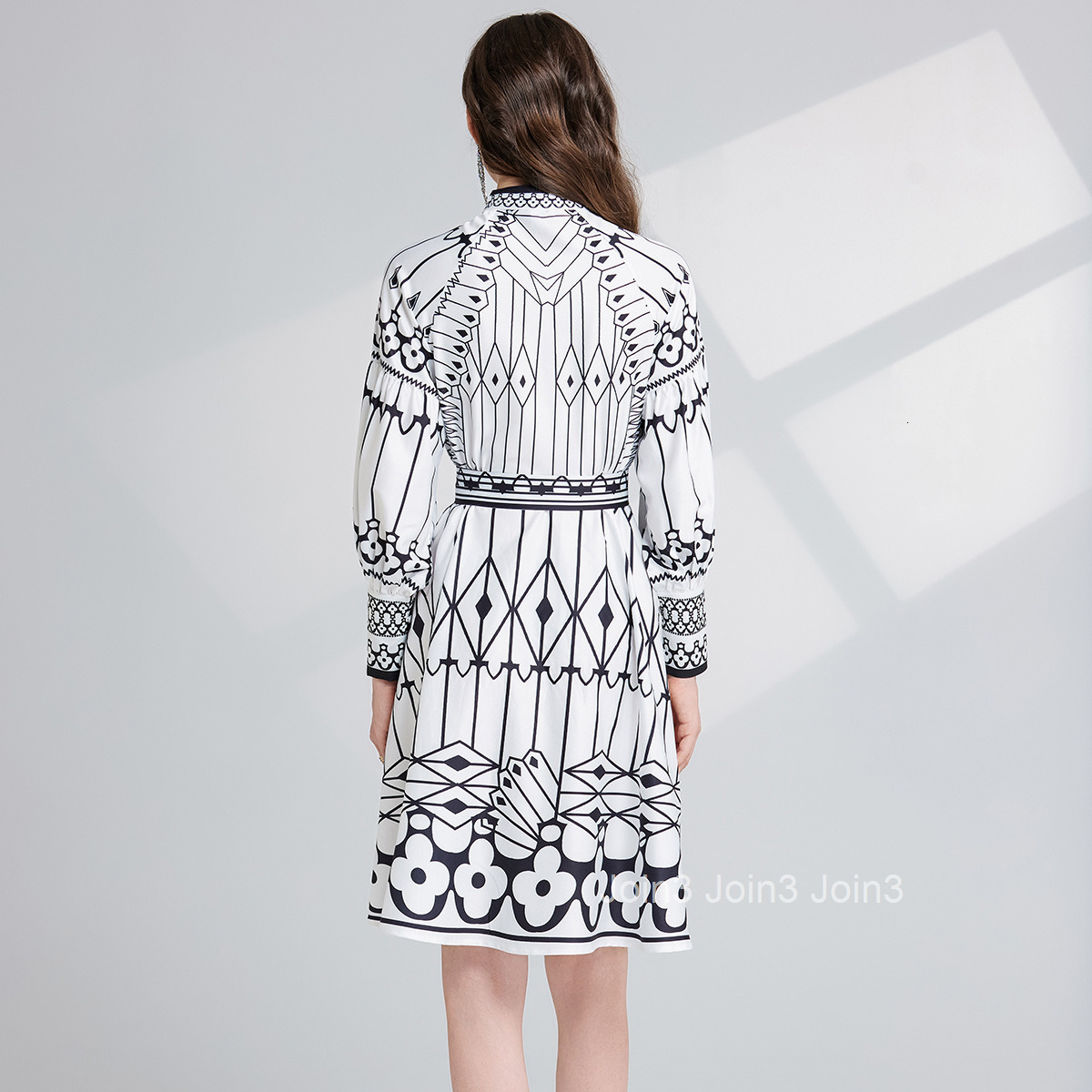 719 Autumn New Womens Style Black and White Printed Stand up Collar Dress with Lace Lantern Sleeves A-line Skirt