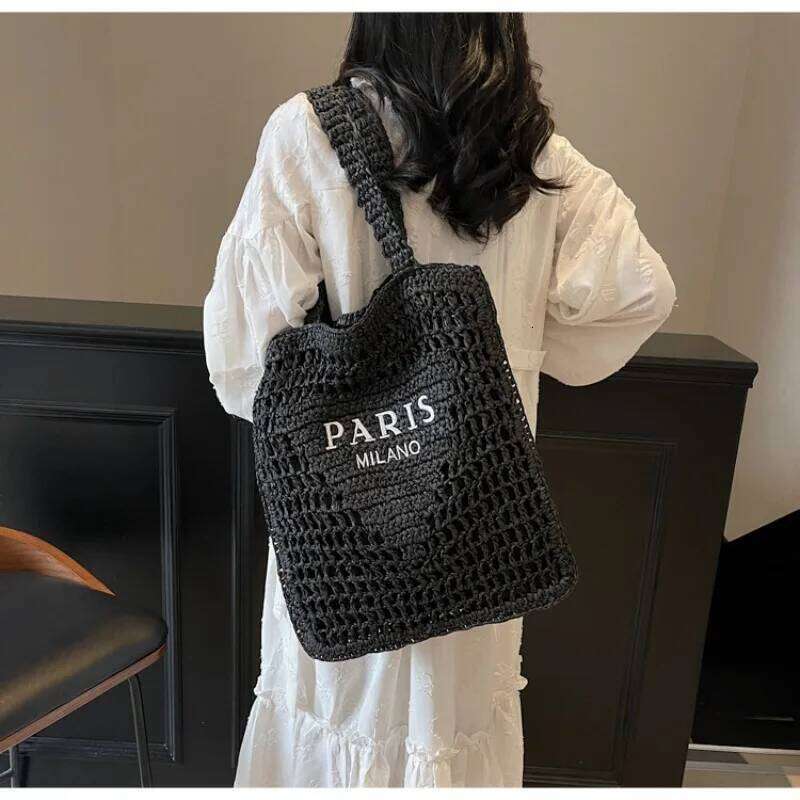 Fashion Straw Women Summer Hollow Woven Women's Shoulder Bag Large Capacity Letter Tote Handbag Holiday Beach Bags