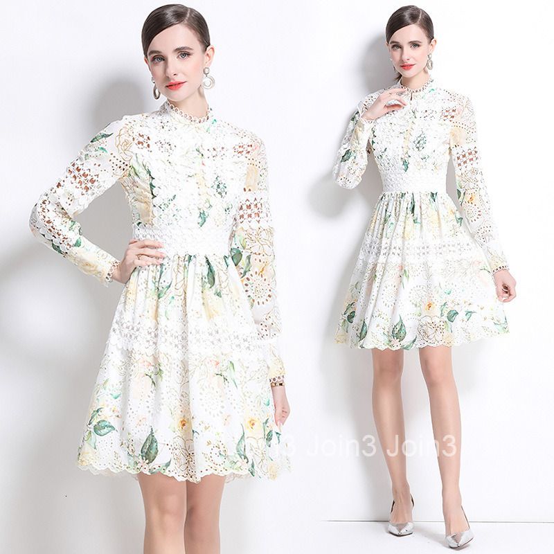 6961 Spring and Autumn New Womens Wear Elegant Hollow Hook Flower Embroidery Splicing Waist Collection Printed Dress A-line Skirt
