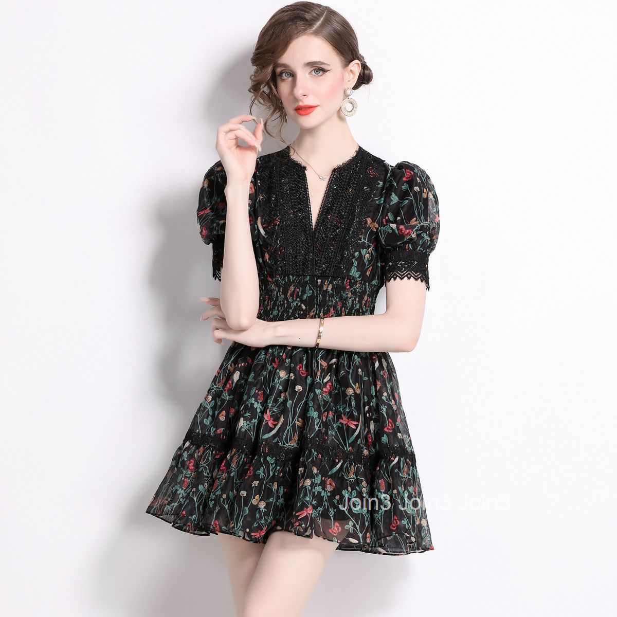 6873 Summer New Womens Fashion Elegant Printed Dress V-neck Lace Waist Slimming Short Dress