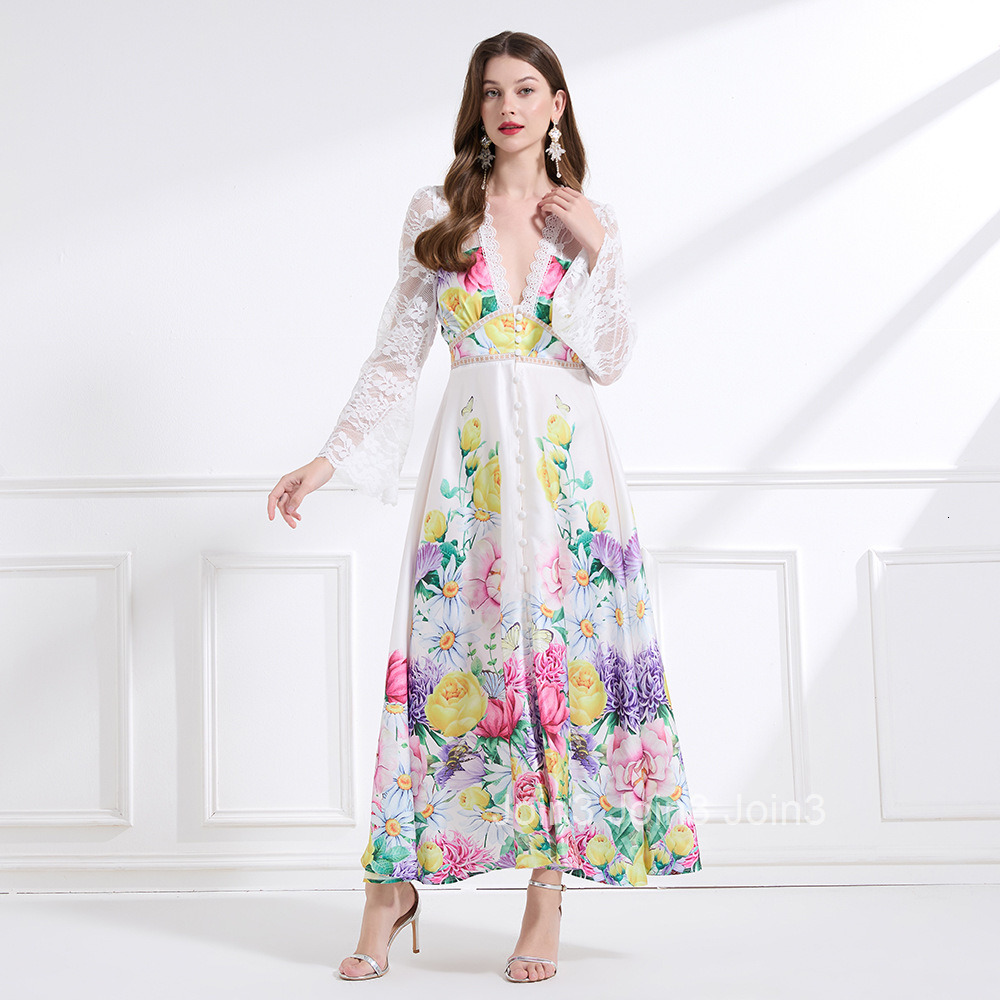 2183 Spring New Womens Fashion Elegant Vacation Style Lace Trim Patchwork Print Waist-Cinching Long Dress