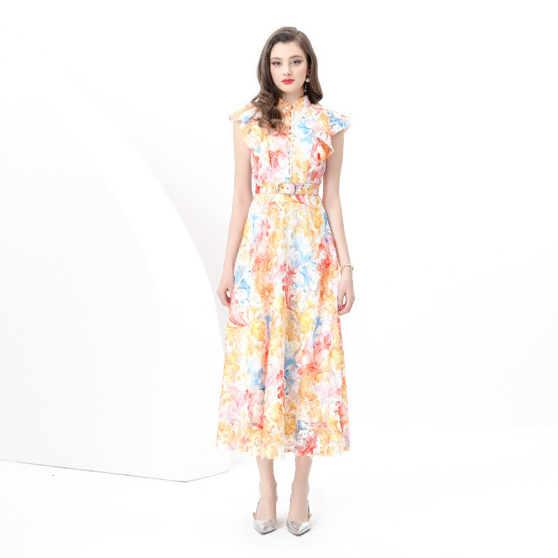 8849 Early Spring New Womens Fashionable Lace Stand Collar Waist Cinching Printed Long Dress