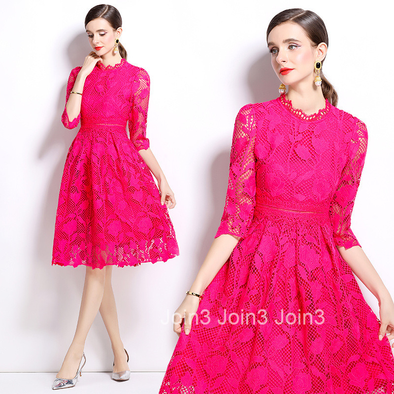 561 Autumn New Womens Fashion Mid-Length Sleeve Slimming Hollow Out Water-Soluble Lace Mid-Length Dress