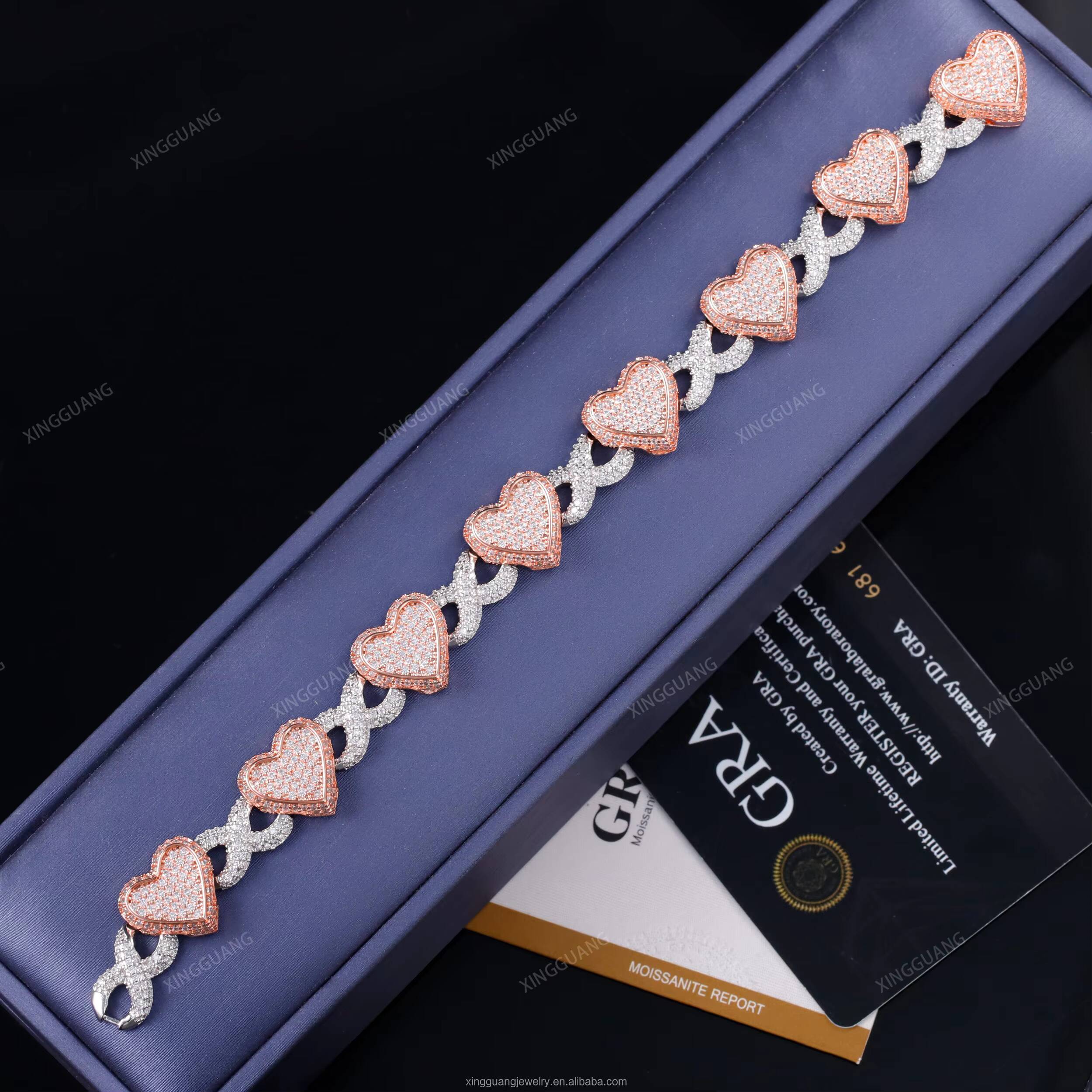 Rose Gold Iced Out Moissanite Heart Charms Infinity Links 13mm Wide S925 Sterling Silver Cuban Link Chains Bracelet Necklace