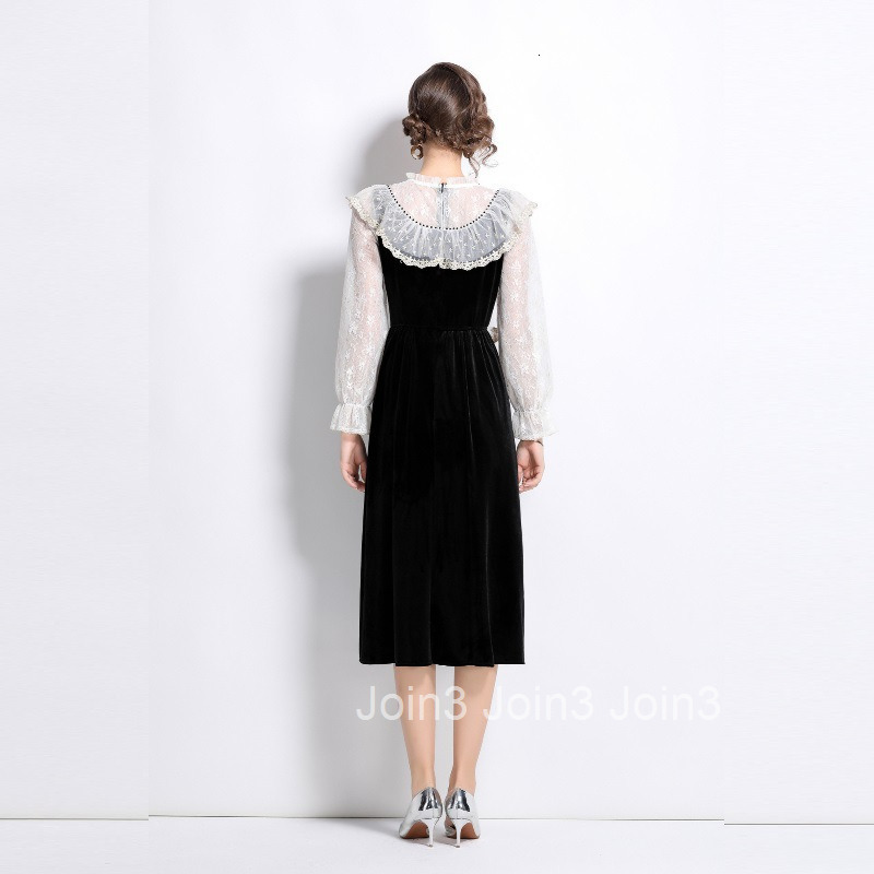 8039 Autumn/Winter New Womens Lace Edge Black Velvet Dress with Sweet Waist and Trumpet Sleeve Skirt